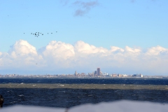 HAMBURG, NY - November 20: A flock of Geese fly over Lake Erie  after an intense lake-effect snowstorm that impacted the area on November 20, 2022 in Hamburg, New York. Around Buffalo and the surrounding suburbs, the snowstorm resulted in up to six feet of accumulation  and has been attributed to at least three deaths. The band of snow is expected to weaken overnight with milder temperatures expected.   (Photo by John Normile/Getty Images)